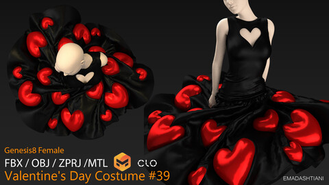 Valentine's Day Costume #39 _ MarvelousDesigner/CLO Project Files+fbx+obj+mtl _ Genesis8Female
