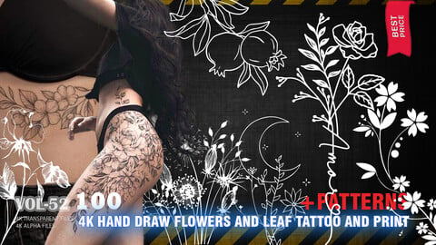 100 4K HAND DRAW FLOWERS AND LEAF TATTOO AND PRINT (TRANSPARENT&ALPHA) - VOL 52