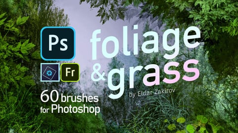60 Foliage, Grass and Moss Photoshop brush presets. ABR and TPL formats