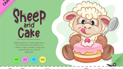 Cartoon Sheep and Cake. Clipart.