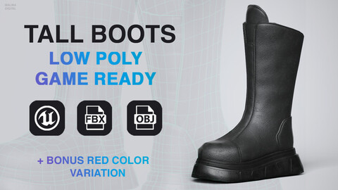 Tall boots asset. Low poly game-ready for Unreal Engine
