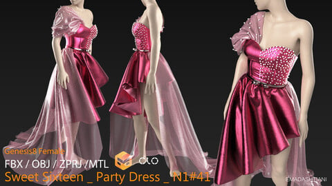 Sweet Sixteen _ Party Dress  N1#41 _ MarvelousDesigner/CLO Project Files+fbx+obj+mtl _ Genesis8Female