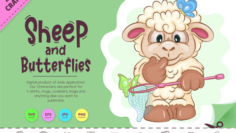 Cartoon Sheep and Butterflies. Clipart.