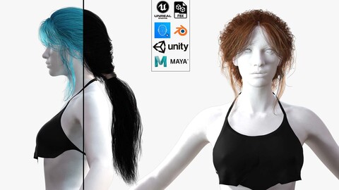 Realistic Female hair long tail Low-poly