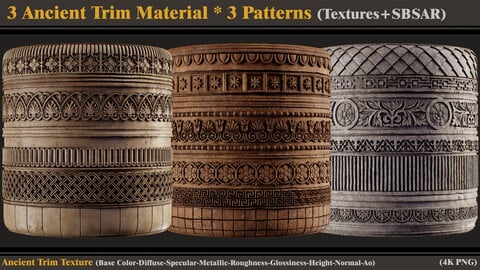 3 Ancient Trim Materials and 3 Patterns (SBSAR+ PBR Textures)