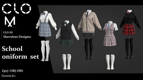 School oniform  set  / Marvelous Designer/Clo3D project file + OBJ