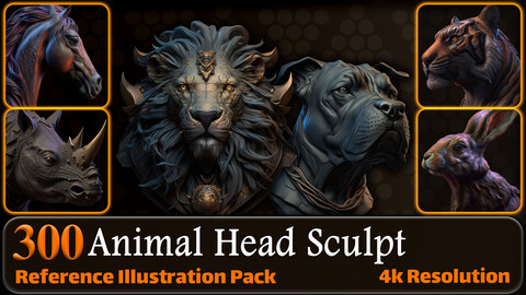 300 Animal Head Sculpt Reference Pack | 4K | v.11