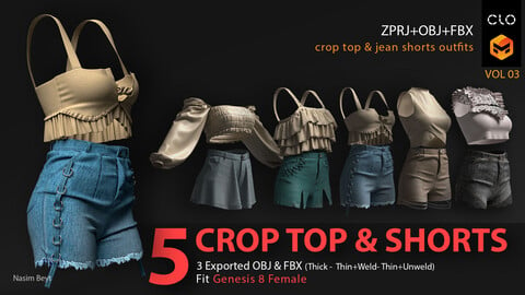 5 CROP TOP & JEAN SHORTS OUTFIT PACK (VOL.03). CLO3D, MD PROJECTS+OBJ+FBX