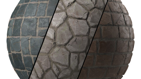 Stone Wall Materials 44- Stylized Stone walls By 3 Patterns, Pbr 4k Seamless