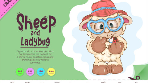 Cartoon Sheep and Ladybug. Clipart.