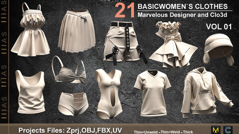 BASIC WOMEN`S CLOTHES   (CLO3D AND MAEVELOUS DESIGNER) ZPRJ, OBJ, FBX,UV