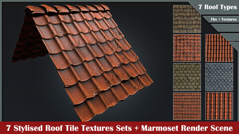 7 Roof Tile Textures Sets + Marmoset RenderScene