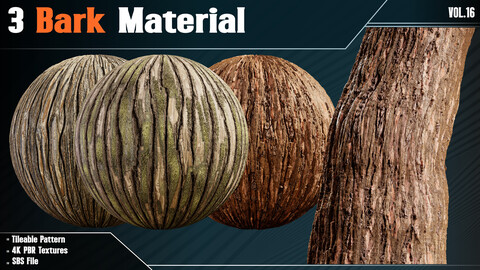 3 Tree Bark Material -VOL 16 (sbs file + 4k PBR Textures)