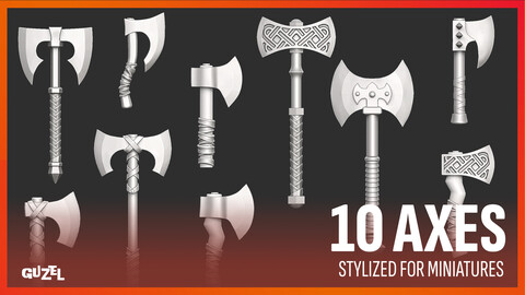 10 Fantasy Axes - IMM Brush and .OBJ for Miniature Sculpting