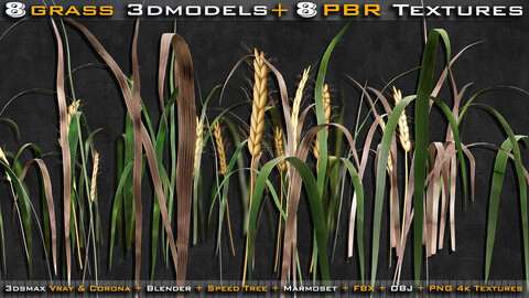 8 Grass 3d models + 8 Grass PBR Textures