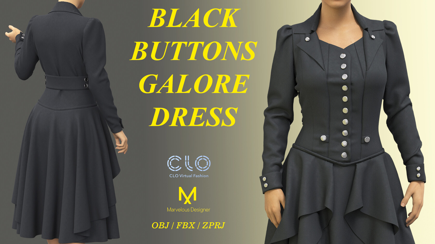 ArtStation - BLACK BUTTONS GALORE DRESS/ ZPRJ/ OBJ/ FBX | Game Assets