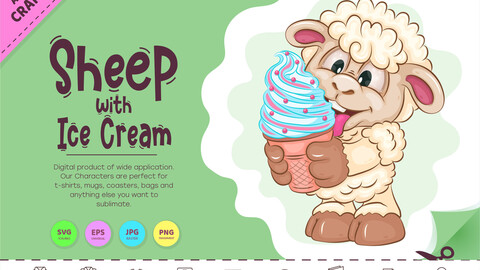 Cartoon Sheep with Ice Cream. Clipart.