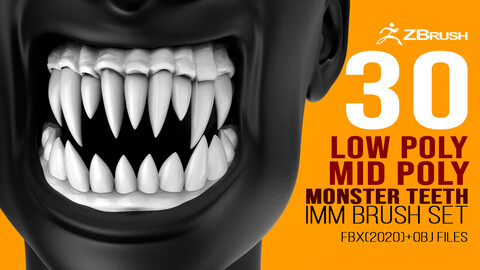 30 Low poly and mid poly monster creature teeth, jaws and mouth cavity IMM brushes for Zbrush.