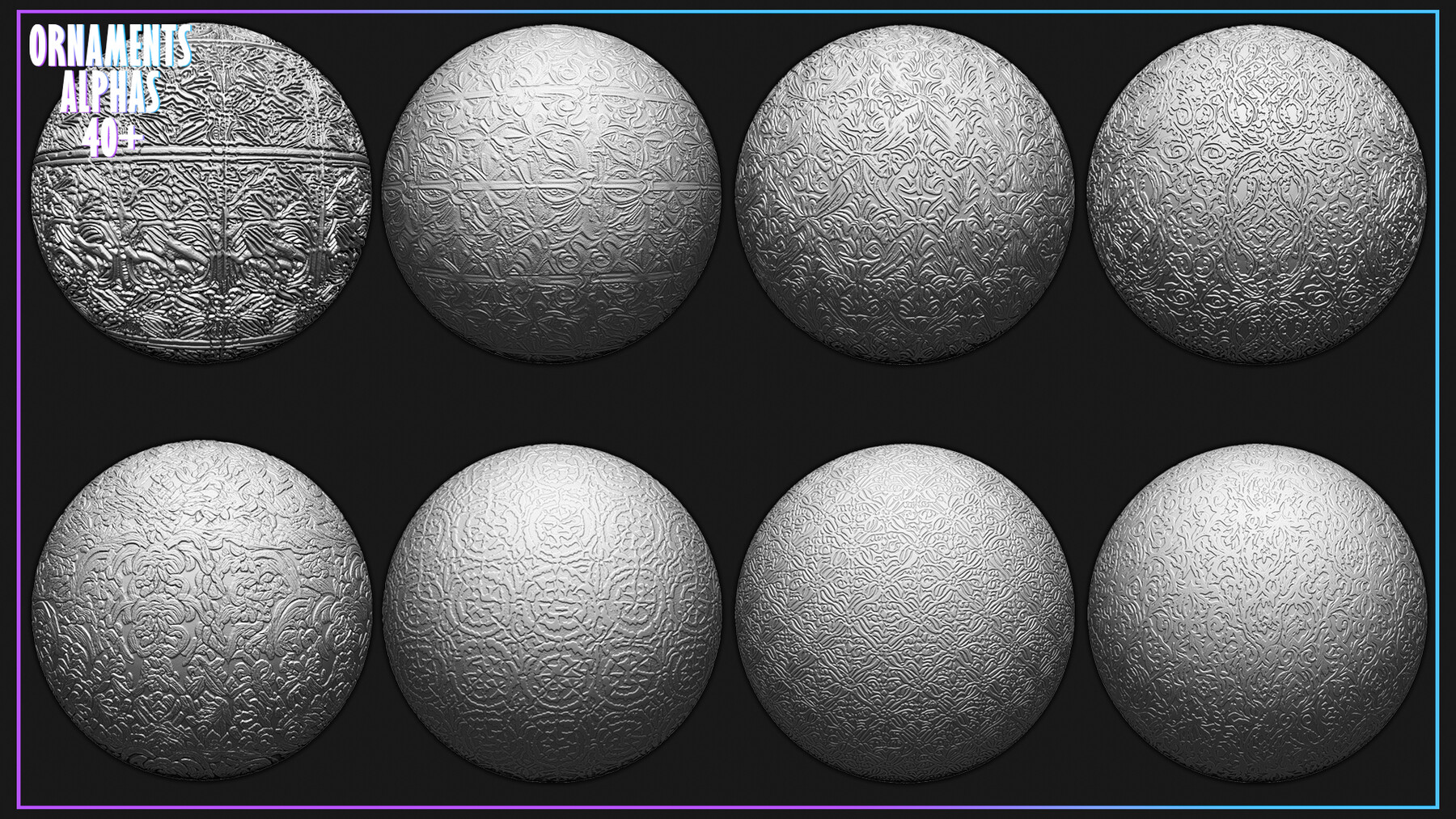 Ornaments Tileable Alphas (Displacement Maps) for ZBrush, Blender, Substance Painter vol.5 preview 2
