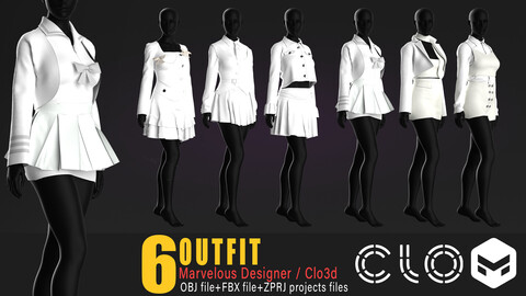 6 models of women's outfit / marvelous & clo3d / OBJ / FBX
