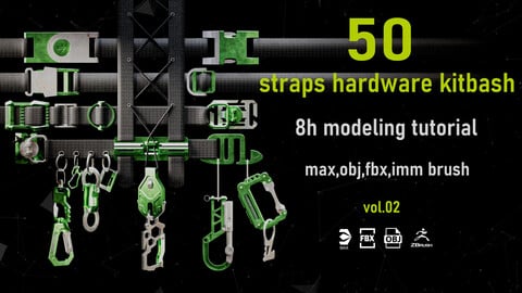50 Straps Hardware Kitbash 3D Models (fully unwraped) + imm brushes + 8 hour modeling tutorial