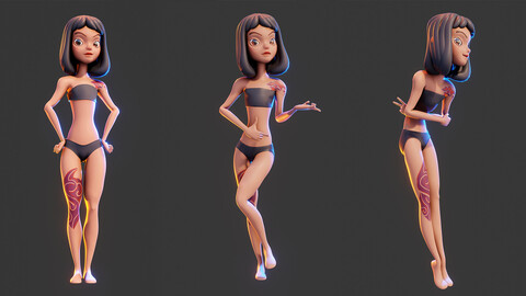 Rigged Stylized Girl - Character Design - Blender - Dina Style 1 With Basemesh