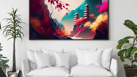 Large Japan Style Painting, Ink Style Painting, Landscape Painting, Pagoda Painting, Housewarming Gift, Handpainted Chinese Painting