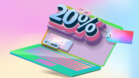 graphic banner with a 20% discount on the laptop screen