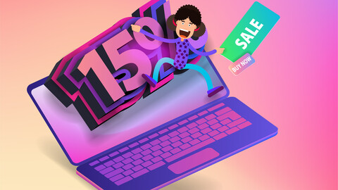 Cartoon girl climbs huge letters 15% discount sale