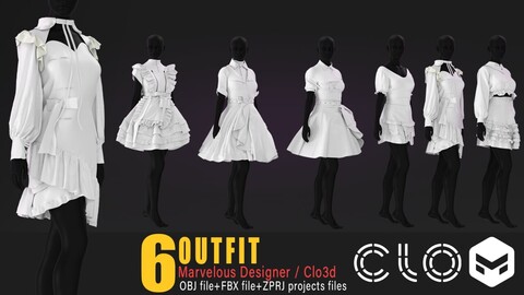 6 models of women's outfit / marvelous & clo3d / OBJ / FBX