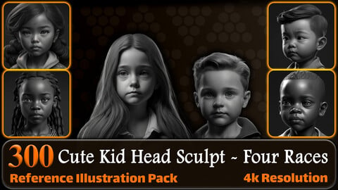 300 Cute Kid Head Sculpt - Four Races Reference Pack | 4K | v.22