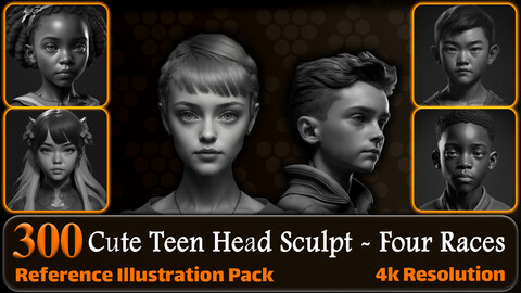 300 Cute Teen Head Sculpt - Four Races Reference Pack | 4K | v.23