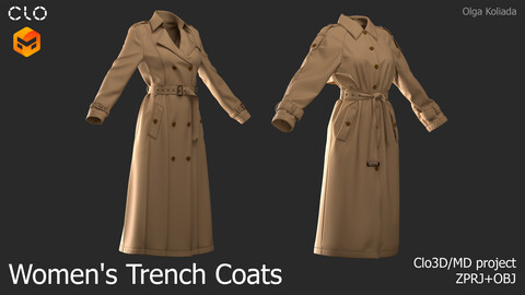 Women's Trench Coats. Marvelous Designer/Clo3d project+OBJ
