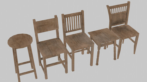 Free set 5 wooden chairs Low-poly 3D model