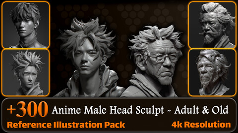 300 Anime Male Head Sculpt - Adult and Old Reference Pack | 4K | v.24