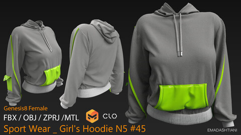 Sport Wear _ Girl's Hoodie N5 #45 _ MarvelousDesigner/CLO Project Files+fbx+obj+mtl _ Genesis8Female