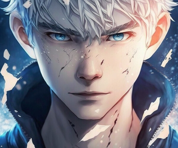 An teenage anime boy with white frosty hair, glowing blue eyes, a