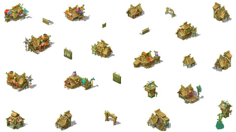 2.5D Fantasy Village, City, Town, Home, House, Building, City, Town, Game Assets