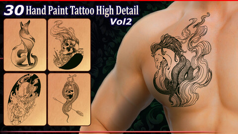 30 Hand Paint Tattoo & Print High Detail  (4K+Transpart+ALPHA File).vol2