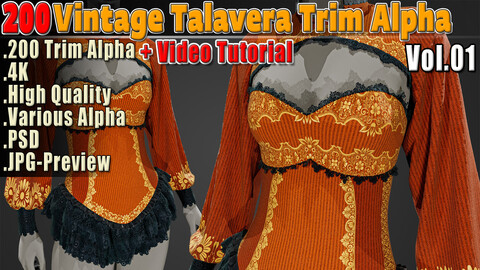 200 Vintage Talavera Trim Alpha+ 4K + PSD + Video Tutorial Vol.01
