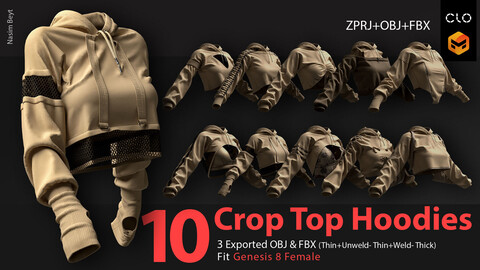 10 Crop Top Hoodies (VOL.01). CLO3D, MD PROJECTS+OBJ+FBX