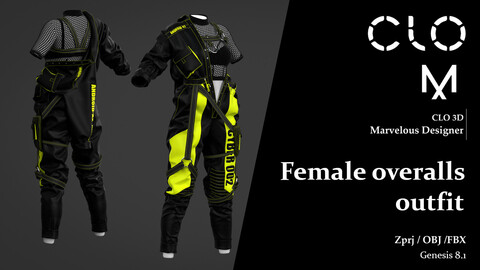 Female overalls  outfit  / Marvelous Designer/Clo3D project file + OBJ