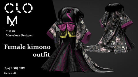 Female kimono outfit / Marvelous Designer/Clo3D project file + OBJ