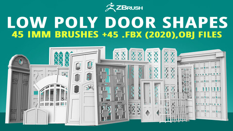 45 low poly interior and exterior door base mesh shapes IMM brush set for Zbrush, obj and fbx files.