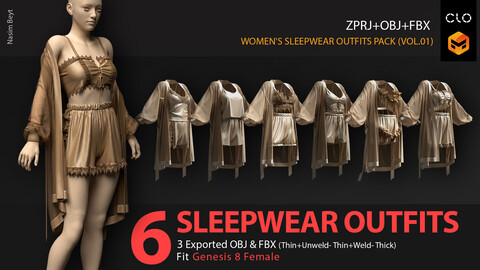 6 WOMEN'S SLEEPWEAR OUTFIT PACK (VOL.01). CLO3D, MD PROJECTS+OBJ+FBX