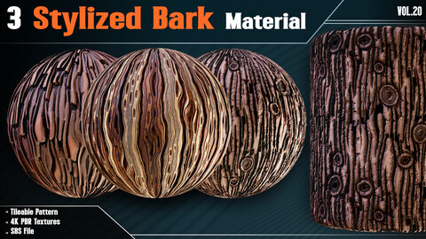 3 Stylized Bark Material - Vol.20 ( 4k PBR Textures + SBS Files )
