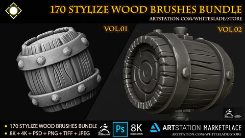 170 Stylize Wood Brushes Bundle and 8K Alphas Vol.01 & Vol.02 - ZBrush 4R8+