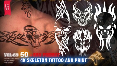 50 4K SKELETON TATTOO AND PRINT - HIGH END QUALITY RES - (ALPHA & TRANSPARENT & SVG VECTORS) - VOL69