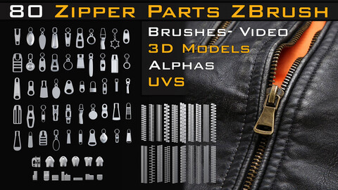 80 zipper parts_Zbrush Brushes (IMM_STD)_ 3D Models (obj_fbx_max)_Alpha (psd_png) _UVS_Video tutorial