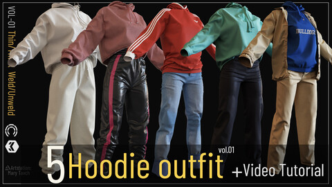 5 Hoodie outfit -marvelous designer/clo3D+Video Tutorial